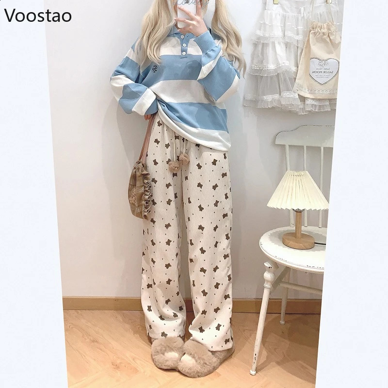 Japanese Sweet Cartoon Bear Print Corduroy Wide Leg Casual Pants Women Vintage Y2k Cute Loose Trouser Korean Harajuku Sweatpants 240821