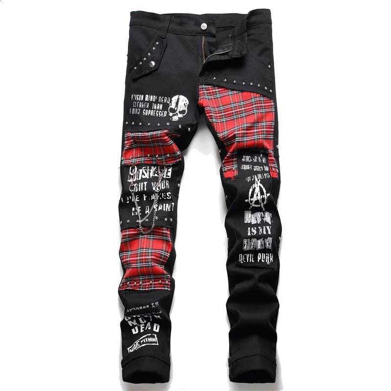 Mens Scotland Red Plaid Tartan Patchwork Jeans Punk Rivet Patch Black Denim Pants Skull Letters Printed Slim Straight Trousers Z260315