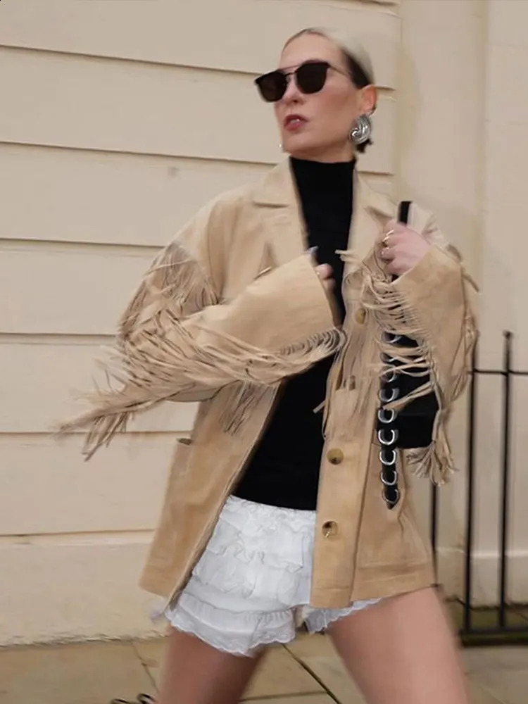 Retro Tassel Lapel Jackets Women Casual Long Sleeve Single-Breasted Jacket Coats With Pockets Female Autumn High Street Outwear 240821