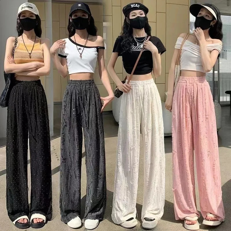 Y2k Streetwear Diamonds Wide-legged Pants Grunge Hole Women Clothing High Waisted Baggy Straight Pants n Chic Trouser 240821