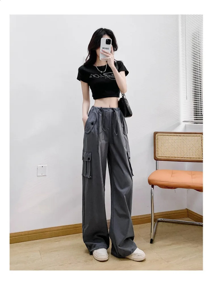 Women Casual Joggers Tech Pants Solid Low Waist Pants Drawstring Wide Leg Baggy Trousers Y2k Streetwear Oversize Sweatpants S-XL 240821