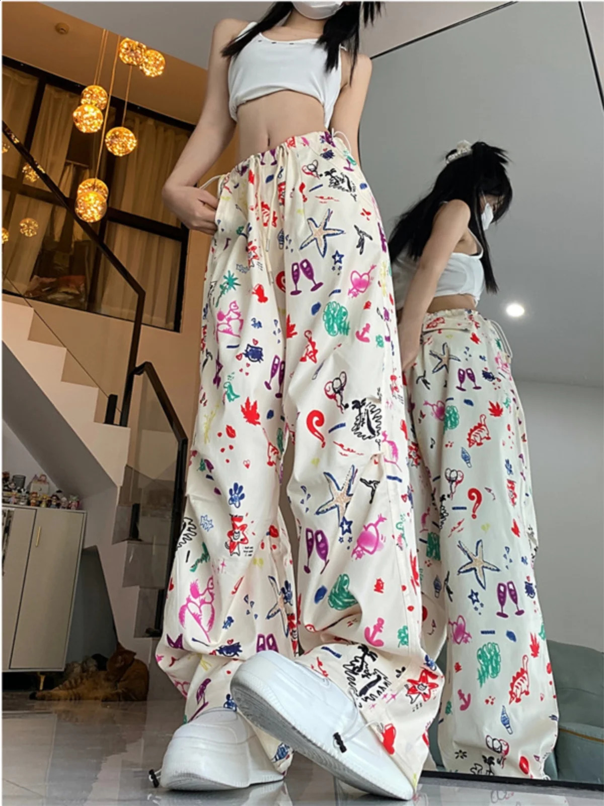 Y2K Pant Women Drawstring Pockets Graffit Wide Leg Chic Punk Pants Baggy Striped Sports Sweatpants Parachute Jogger Trousers 240821