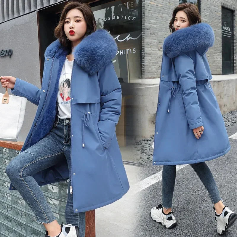 Winter jacket womens Parka clothing long coat wool lining hooded fur collar thick warm chiffon fashionable 240822