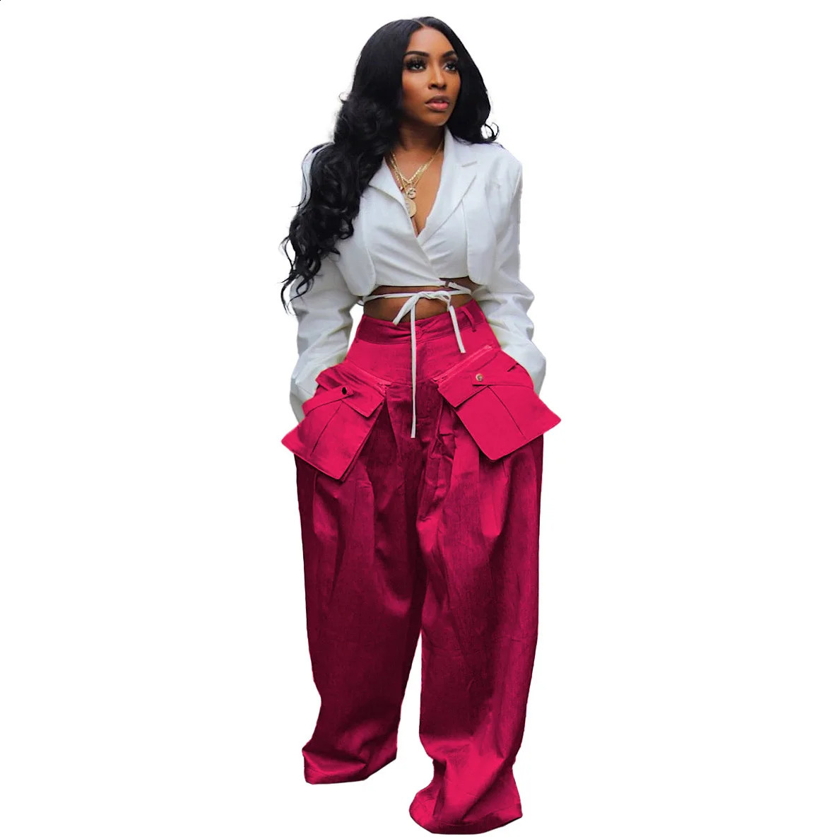 Fashion Satin Stretch High Waist Casual Cargo Pants Women Wide Leg Pants with Detachable Pocket 240822