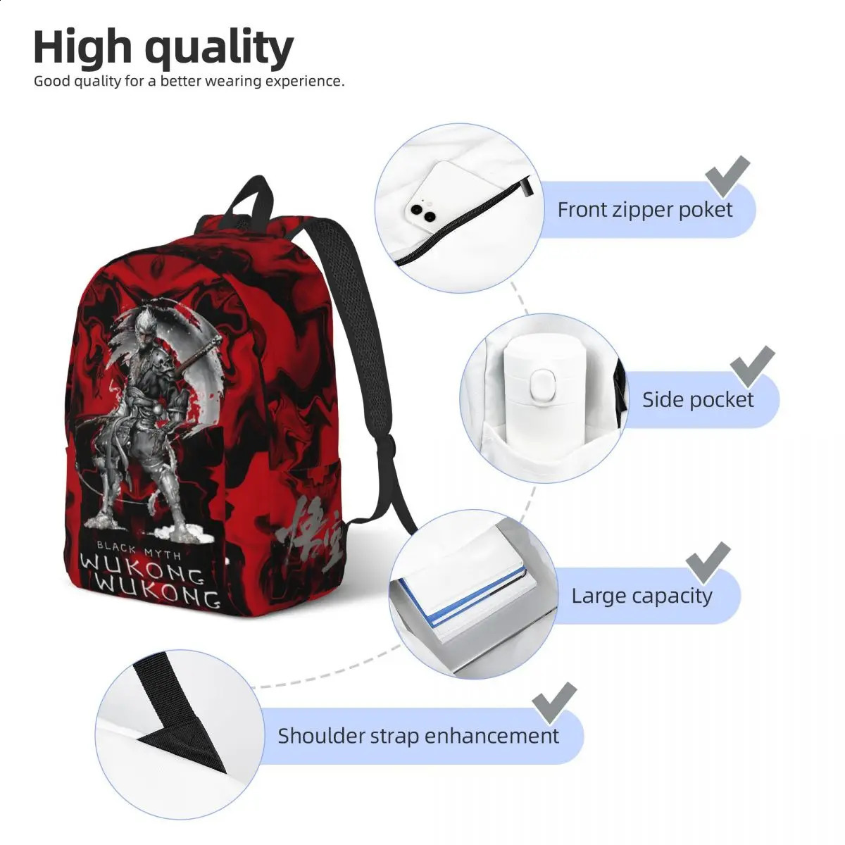 Fashion The Most Game Knapsack Travel Zipper Close Black Mythical Martial Arts Boys and Girls Birthday Backpack 240822