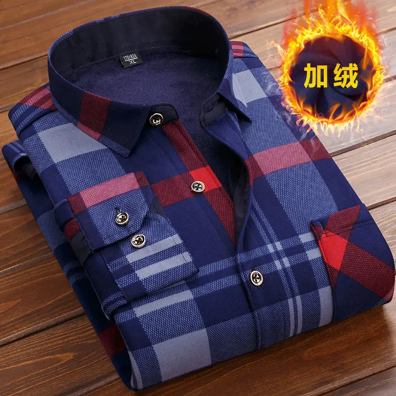 Autumn Winter Men Fleece Shirt Fashion Plaid Thick Keep Warm Shirt Male Print Long Sleeve Business Big size Shirt L-6XL 240822
