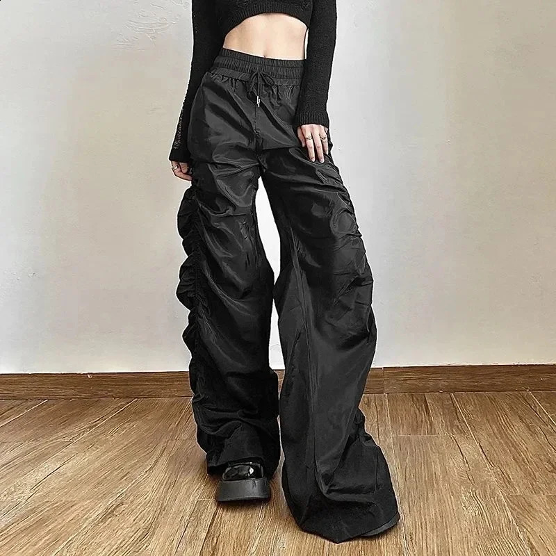 Y2K n Folds Wide Leg Trousers Women Gothic High Waist Drawstring Full Pants Fashion Baggy Casual Black Streetwear Clothes 240821