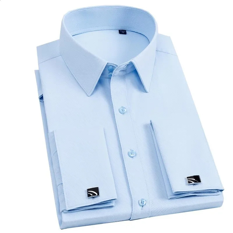 Wedding Shirt Mens Slim Fit Long Sleeve Business Dress Shirts with French Cuffs and Cufflinks Perfect for Formal Banquet 240822
