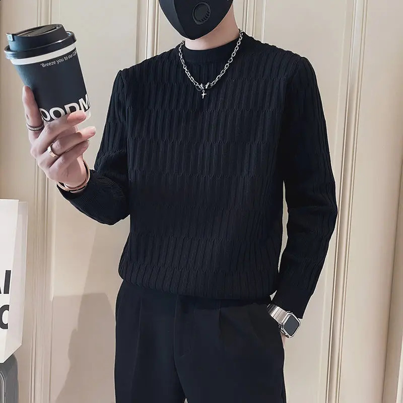 Korean Fashion Autumn Winter Sweaters Mens Mock Neck Solid Jacquard Weave High Street Casual Long Sleeve Knitted Pullovers Tops 240821