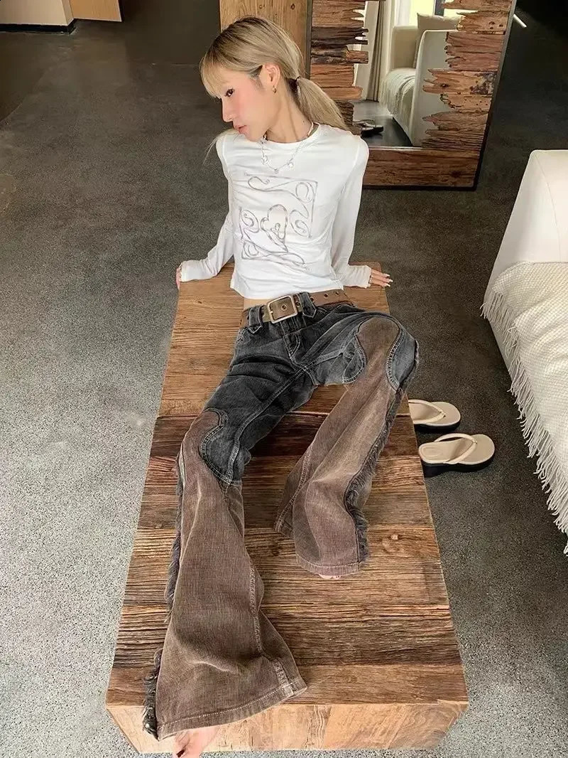 Vintage Panels Fringed Jeans Distressed Straight-leg Pants Irregular Panels Baggy Trousers High Waisted Jeans Streetwear Women 240821
