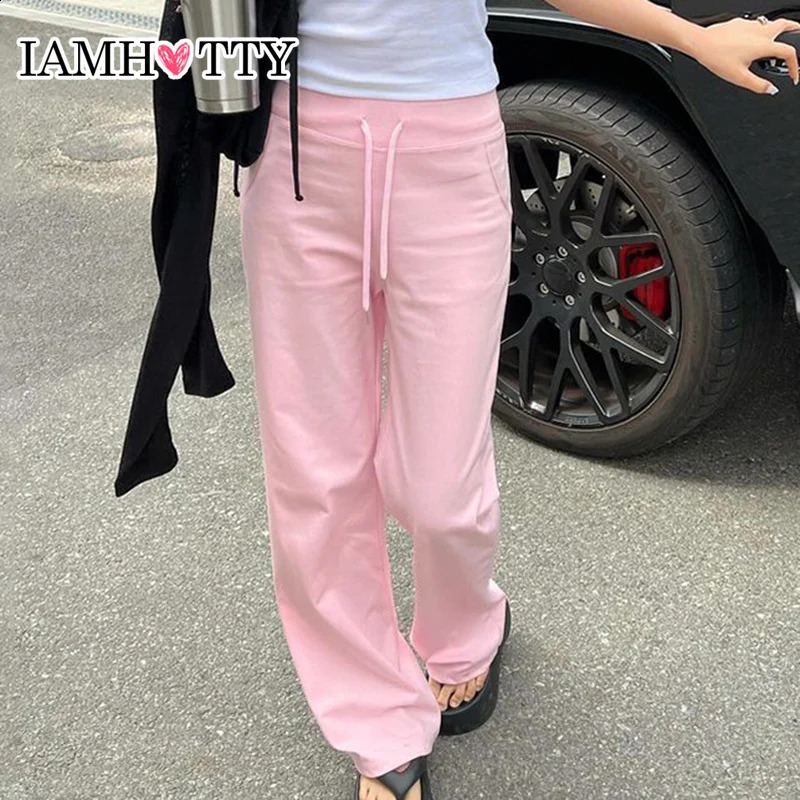 IAMTY Y2K Drawstring Waist Pants Pink Sweet Baggy Straight Leg Trousers Cute Casual Basic Sweatpants Jogging Streetwear 240821