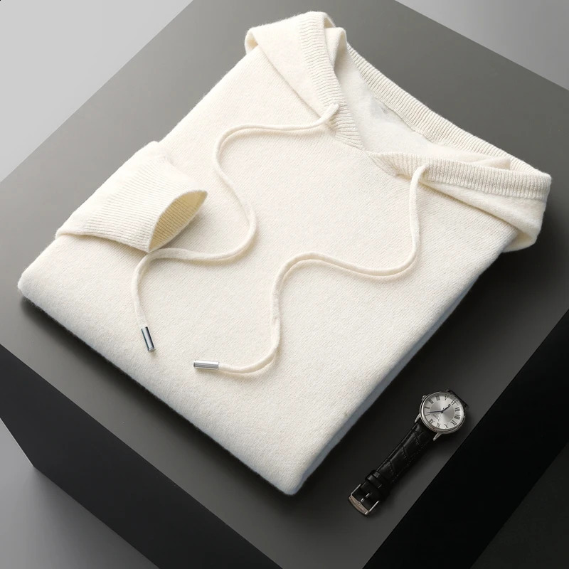 Mens Pullover 100% wool cashmere sweater solid color knitted casual long sleeved mens pure hooded w240821