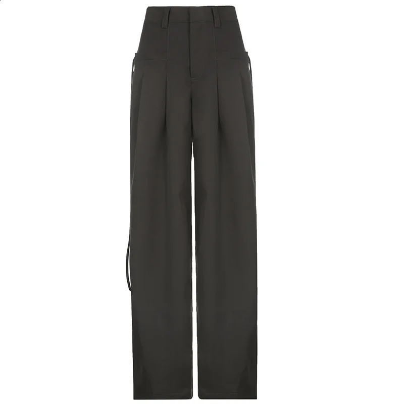 Grey Cargo Korean Fashion Lace Up Pocket Low Rise Casual Pants Women Streetwear Sweatpants Y2k Aesthetic Trousers 240821