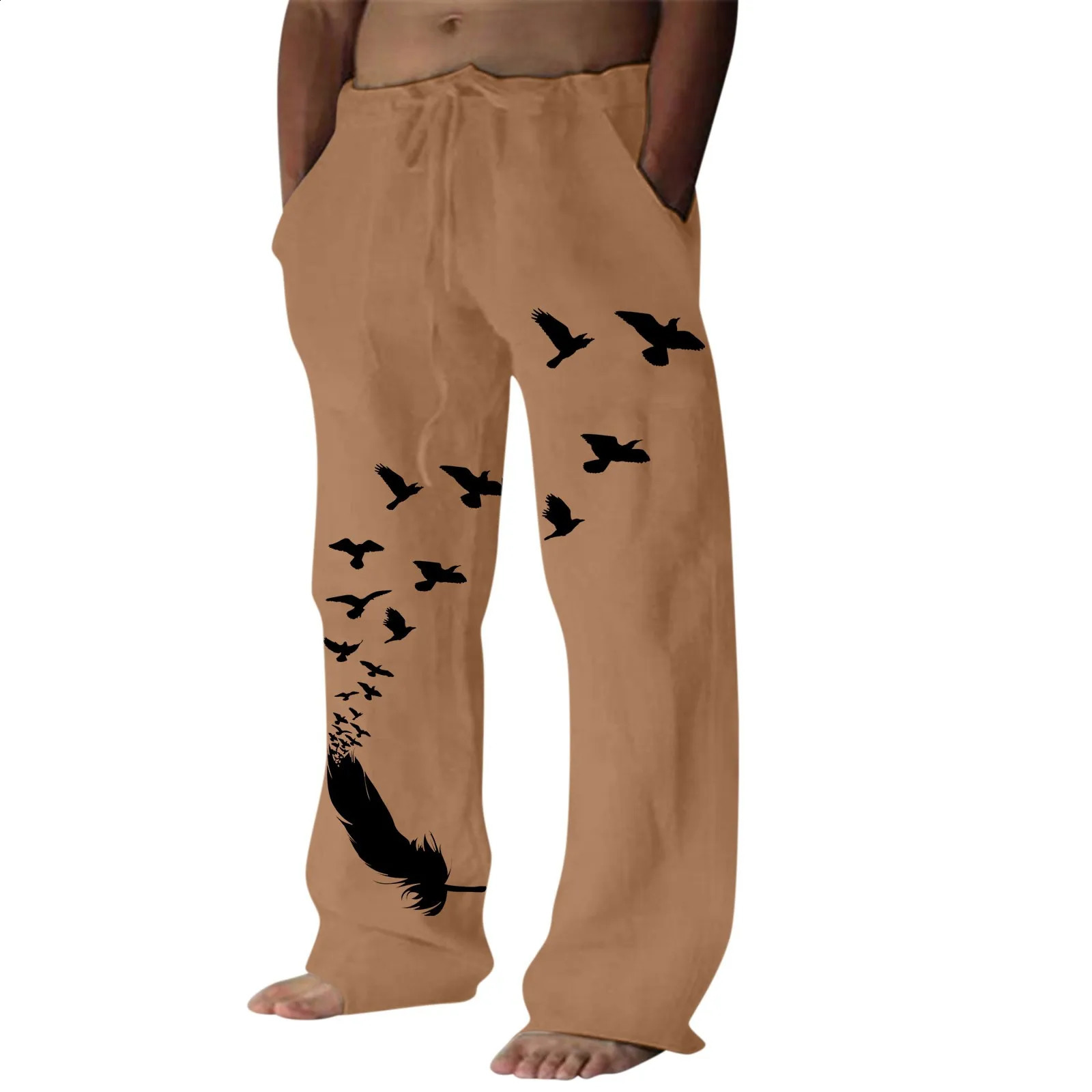 Casual Pants Mens Pocket n Linen Pants Drawstring Loose Trouser Plus Size Mens Fashion Birds Feather Print Sweatpants 240822