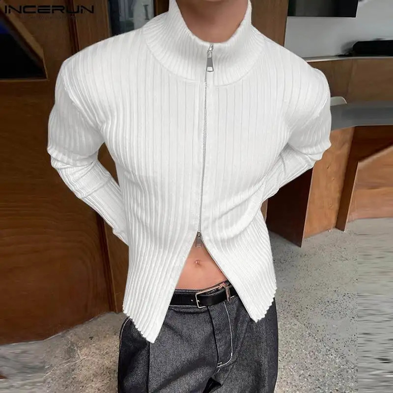 INCERUN Men T Shirts Solid Knitted Zipper Turtleneck Long Sleeve Casual Men Clothing Streetwear Autumn Fashion Tee Tops 240822