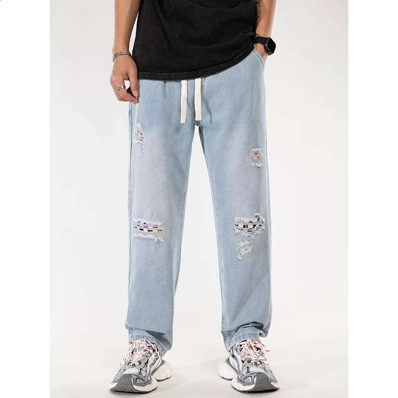 2024 Korean Fashion Mens Baggy Jeans Elastic Waist Classic olid Color Straight-leg Denim Wide-leg Casual Drawstring Pants Male 240821