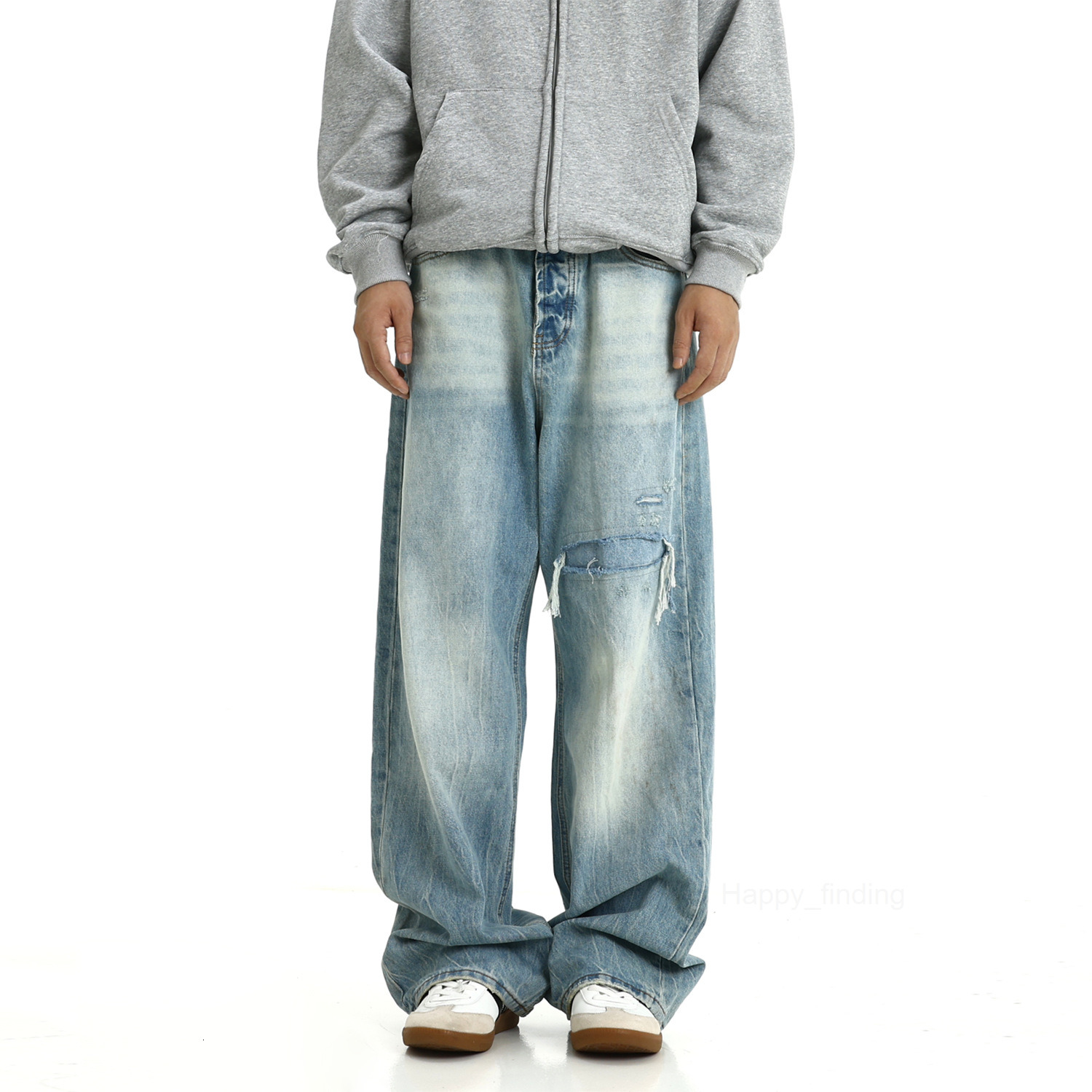 American Ice Blue Straight Leg Jeans Summer New Vintage Washed and Worn Loose Pants