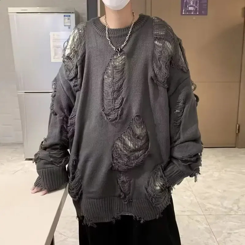 Vintage American Style Solid Color Round Neck Sweater Casual Fringed Long Sleeve Knitted Top For Men Women Loose Fit 240821