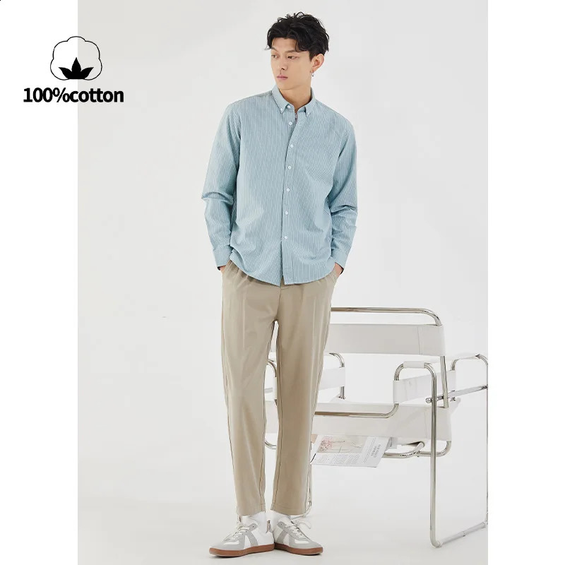 Mens striped oxford cloth long-sleeved shirt. Autumn business casual loose 100% cotton shirt.Breathable durableS-3XL 240822