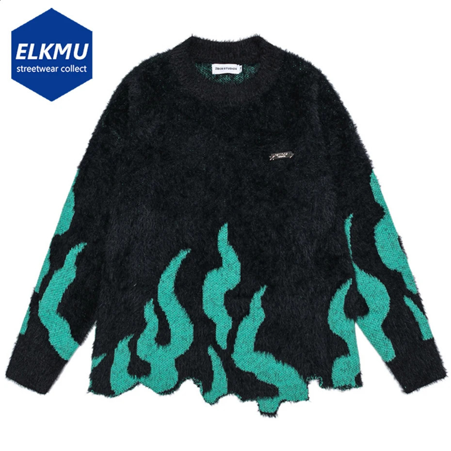 Street fashion hiphop mens sportswear flame pattern irregular hem black loose knit skydiving pulley Harajuku 240821