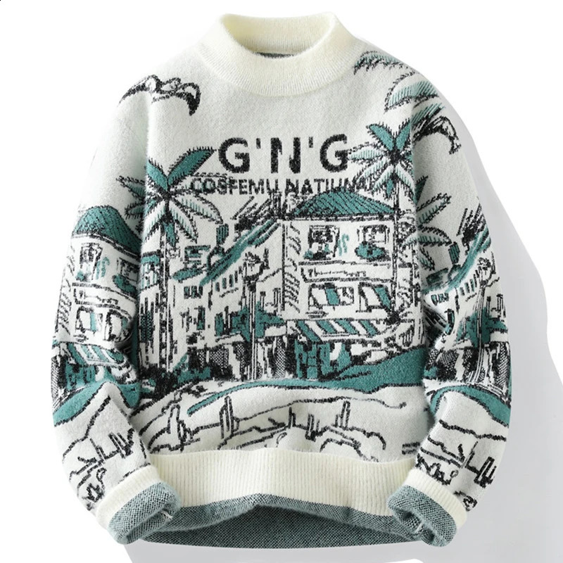 Retro Knitted Sweater Mens Casual Winter Crewneck Jacquard Thick Warm Korean Lanhua Youth Clothing Fashionable 240821