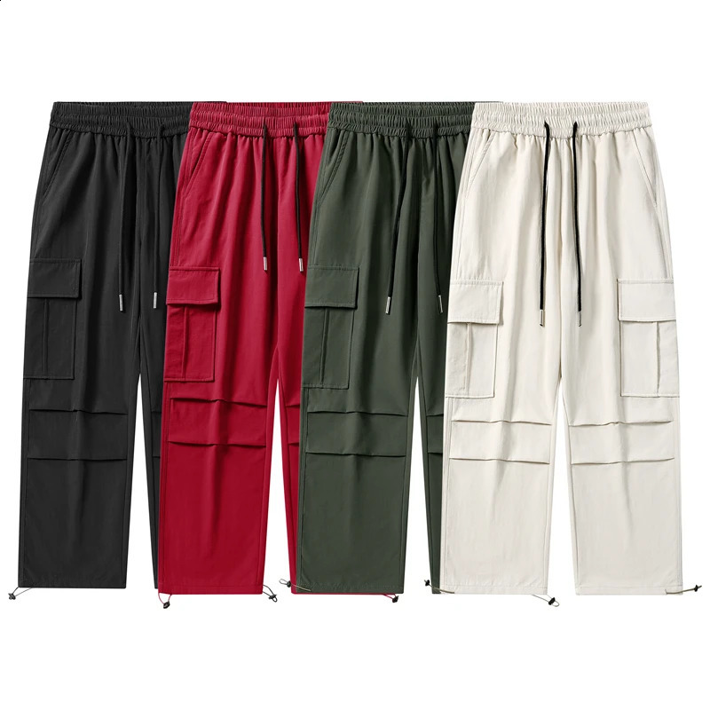 Street pleated mens pants fashionable loose casual solid color cargo multi pocket 240821