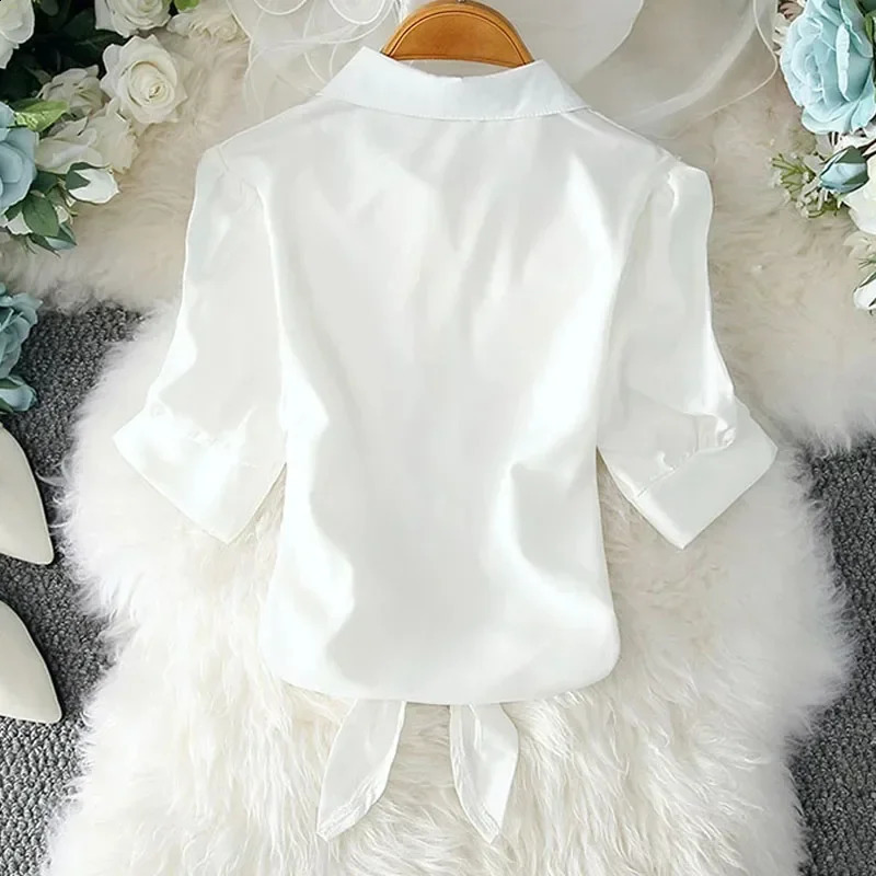 Summer Casual Womens Shirt 2024 Shawl White Buttoned Up Blouse Women Cotton Woman Tops Elegant Lady Tunics Clothes 19870 240821