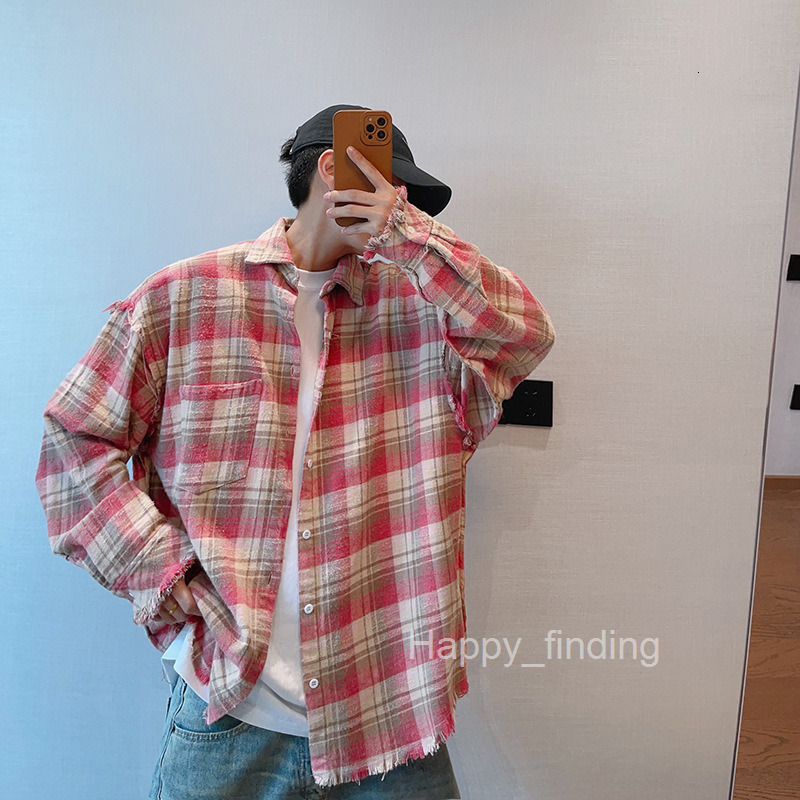 Autumn Trendy Style Design with a Loose Fit Broken Edges Pink Grid New Vintage Long Sleeved Shirt Jacket