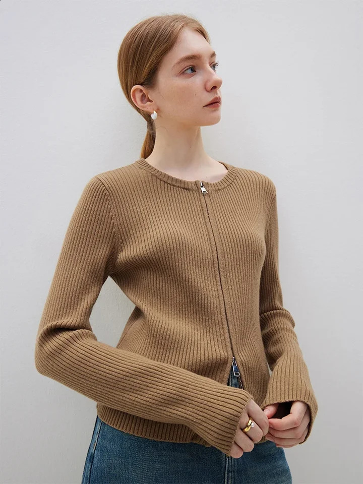 FSLE wool knitted cardigan womens autumn and winter retro round neck sweater jacket office casual loose 240821