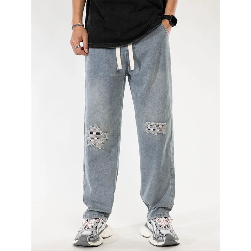 2024 Korean Fashion Mens Baggy Jeans Elastic Waist Classic olid Color Straight-leg Denim Wide-leg Casual Drawstring Pants Male 240821