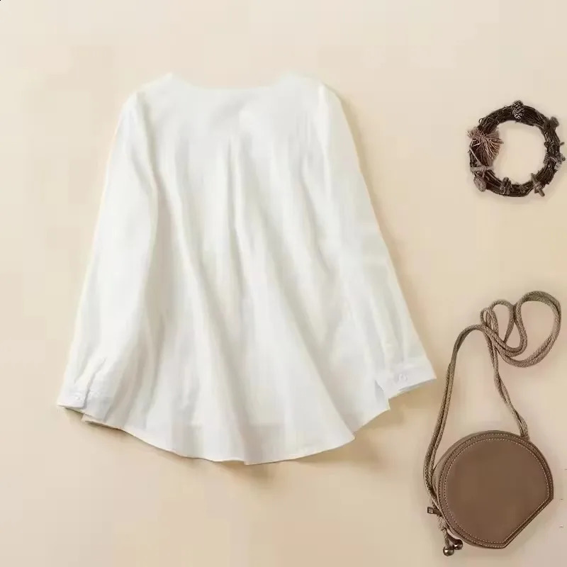 SummerAutumn Womens Cotton Linen Shirt Vneck Embroidered Lace Top Long Sleeve Loose White Elegant Large Casual 240822