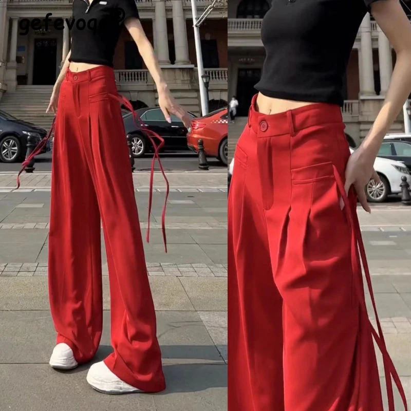 Women Korean Ribbon Casual Streetwear Harajuku Y2K Wide Leg Suit Pants Female Solid Straight Trousers High Waist Pantalones 240821