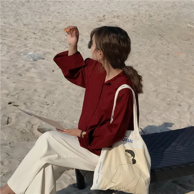 Womens loose and fully matched solid candy color single chest top chic lapel long sleeved shirt 240822