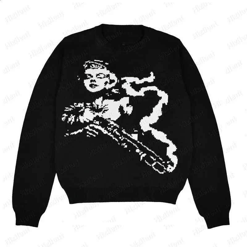 Winter Streetwear Gothic Fairy Grunge Kawaii Pattern Printed Cotton Knit Women Pullover Korean Y2K Vintage 2000S Sweater 240821