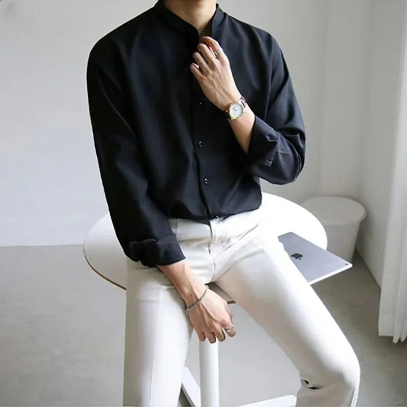 Men Spring Autumn Fashion Stand Collar Solid Shirts Men Long Sleeve Business Casual Shirts Male Loose Blouses I170 240822