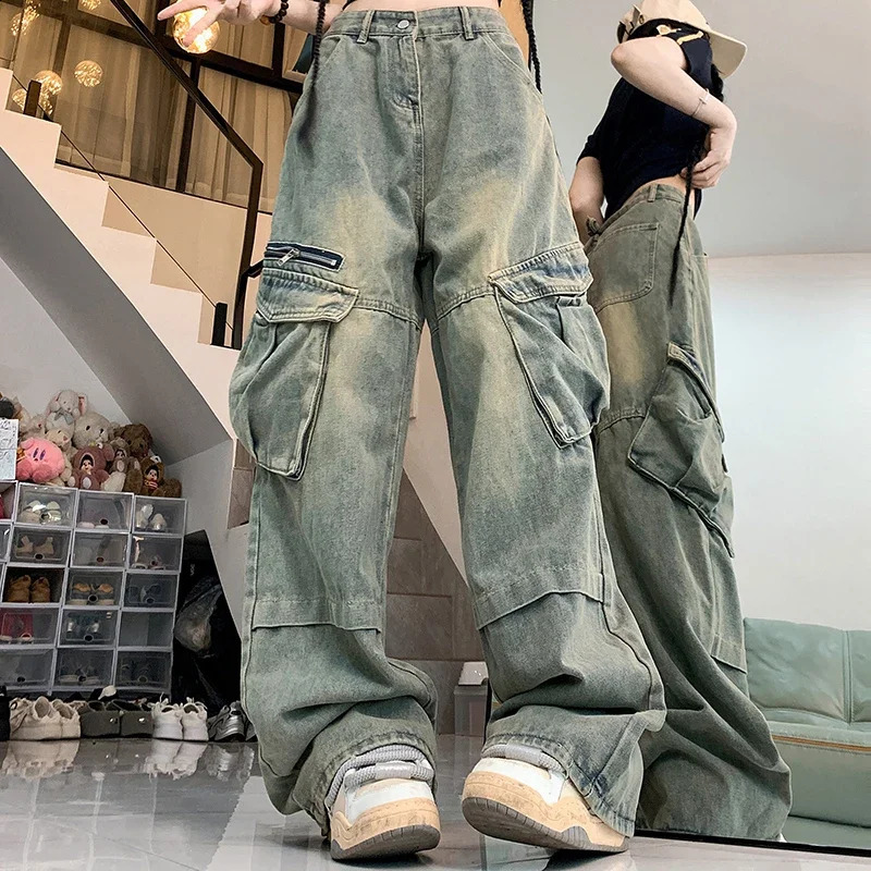 Woman Harajuku Y2k 90s Aesthetic Wide Leg Jeans Female 2000s Vintage Clothes Cargo Pants Lady Gothic Baggy Blue Denim Trousers 240822