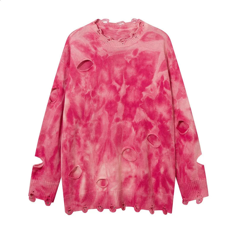 Autumn Fashion Tie-dye Vintage Ripped Hole Punk Sweater Men Women Harajuku Street Hip Hop Pink Knitwears Pull Homme 240821