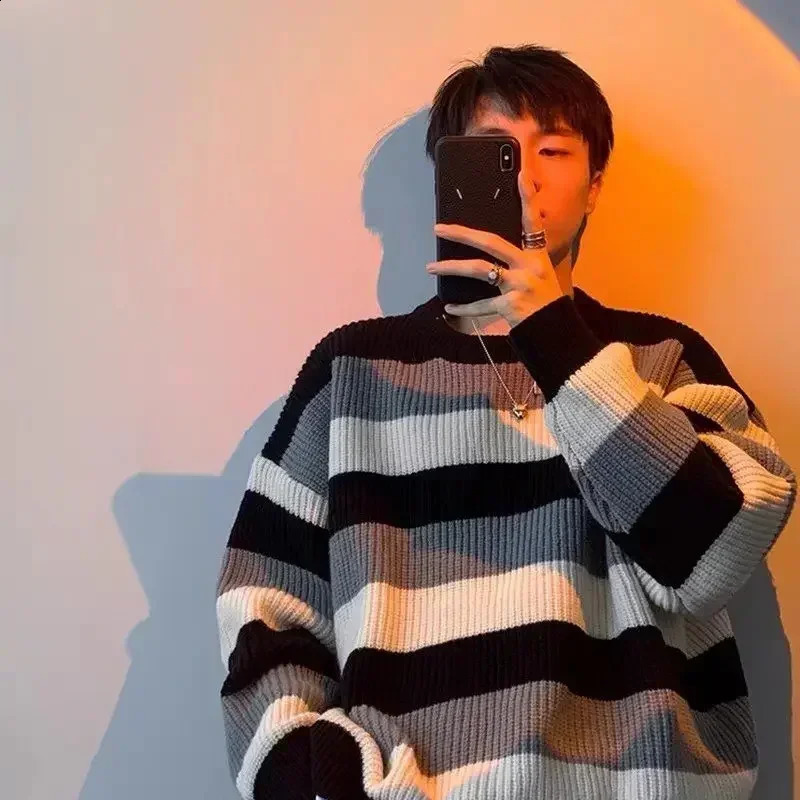 Mens Clothing Jacket Coat Pullovers Knit Sweater Male Striped Brown Cotton Korean Autumn Clothes Thick Winter Fun Heated Sheap 240821