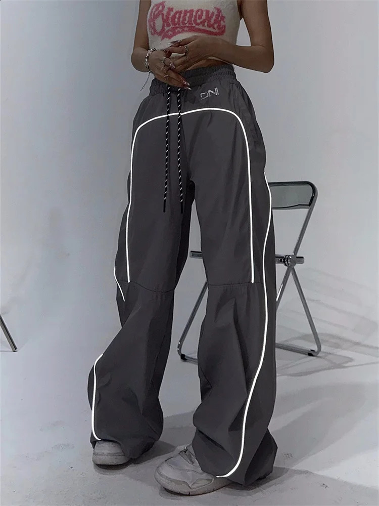 QWEEK Y2K Vintage Brown Cargo Pants Women Streetwear Reflective Gray Track Trousers Oversized Gorpcore Wide Leg Black Sweatpants 240821