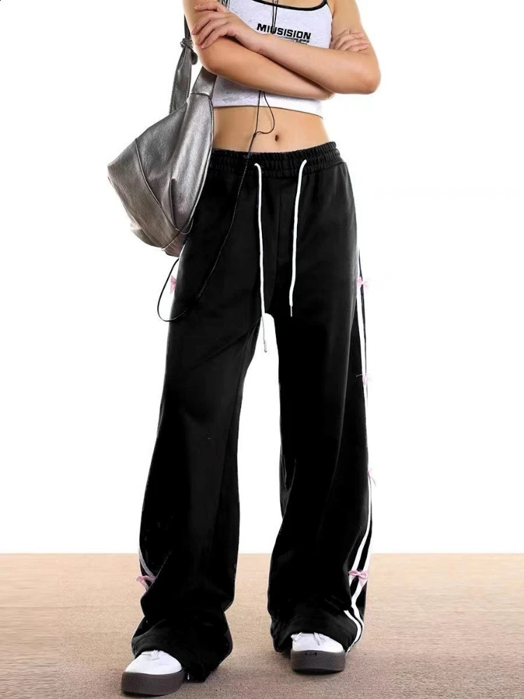 ADAgirl Oversize White Bow Joggers Women Y2k Hip Hop Fashion Stripe High Waist Wide Leg Sport Pants Streetwear Casual Sweatpants 240821