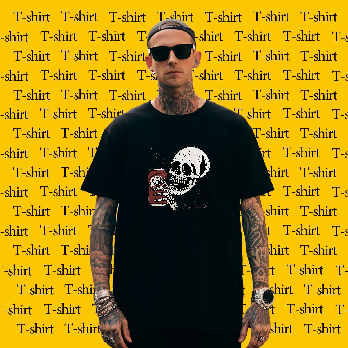 Classic T shirt 230g Pure Cotton skull Summer Casual DIY Anime Breathable Short Sleeve Men Tops Tees Fashion Clothes