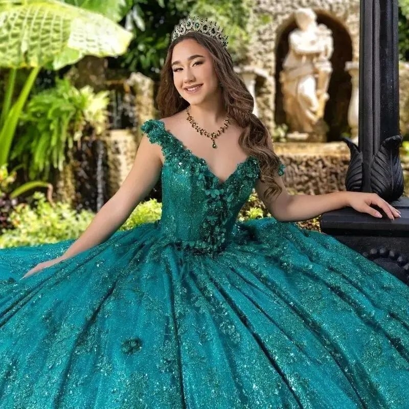 Emerald Green Shiny Quinceanera Dresses Princess Ball Gown Sweet 16 Dress Off The Shoulder 3D Floral Sequin Appliques Lace Vestido De 15 Anos