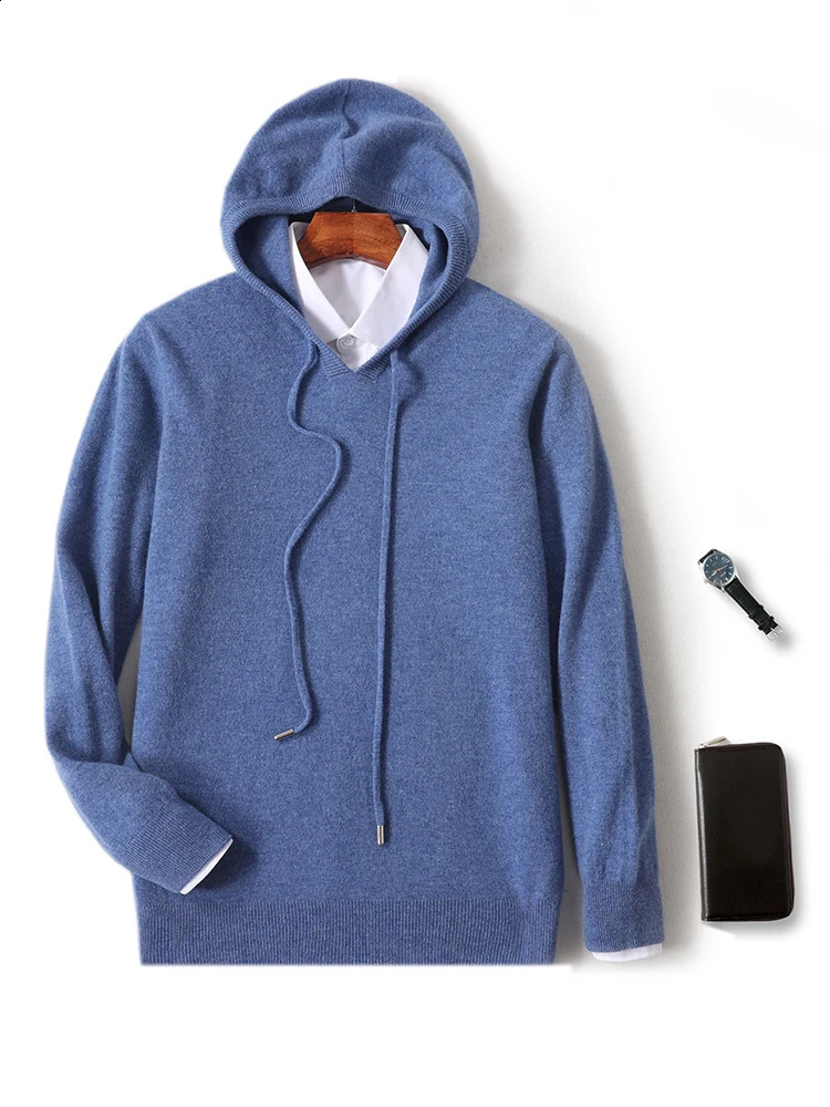 100%Pure Wool Hoodie Mens Hooded Collar Knit Pullover Casual All-Match Large Size Sweater Autumn Winter High-End Base Shirt 240821