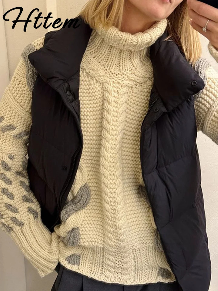 Lazy High Neck Knit Pullover Women Loose Kink Contrast Long Sleeve Sweater Female 2024 Autumn Lady All Match Jumpers 240821