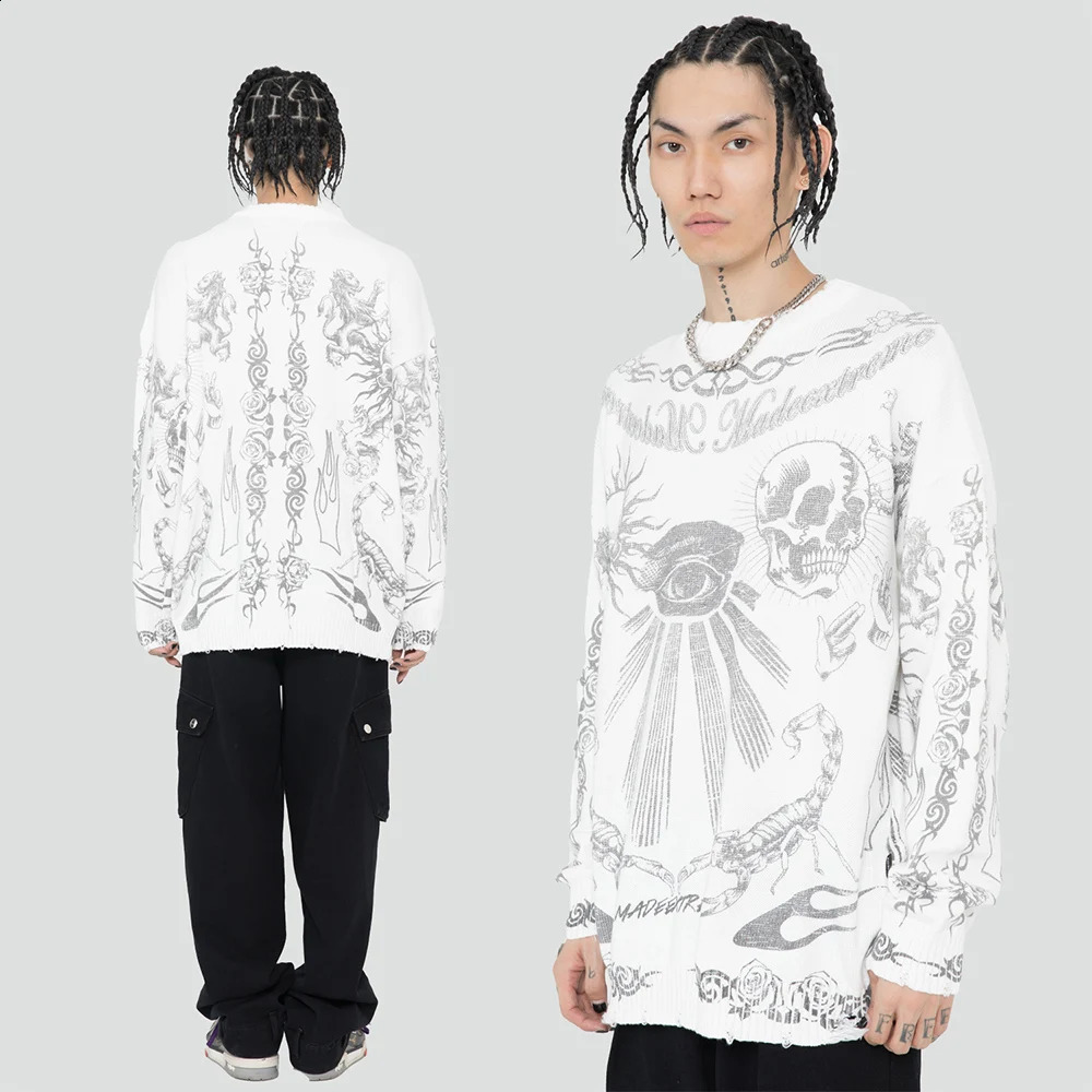 Skull print oversized sweater worn Gothic womens clothing Y2k knitted and pulled together street Harajuku long sleeved top 240821