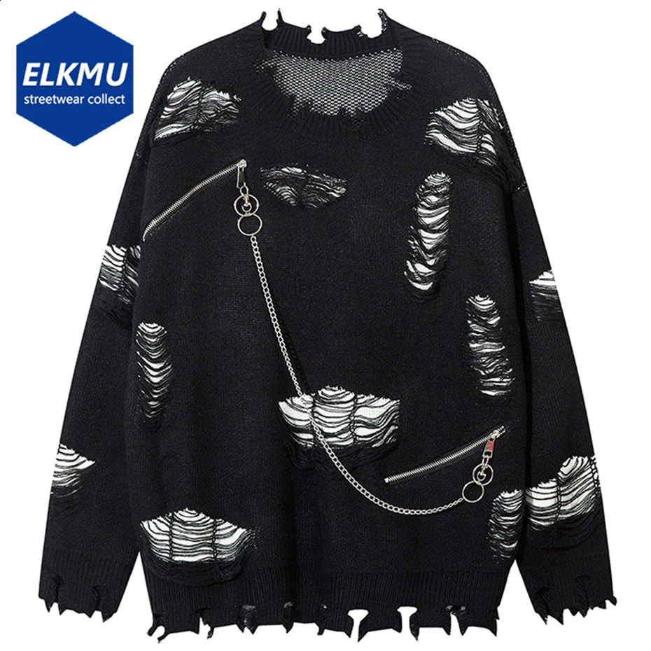 Mens punk sweater with zipper chain loose cardigan hiphop oversized Harajuku knitted pullout jumper black gray 240821
