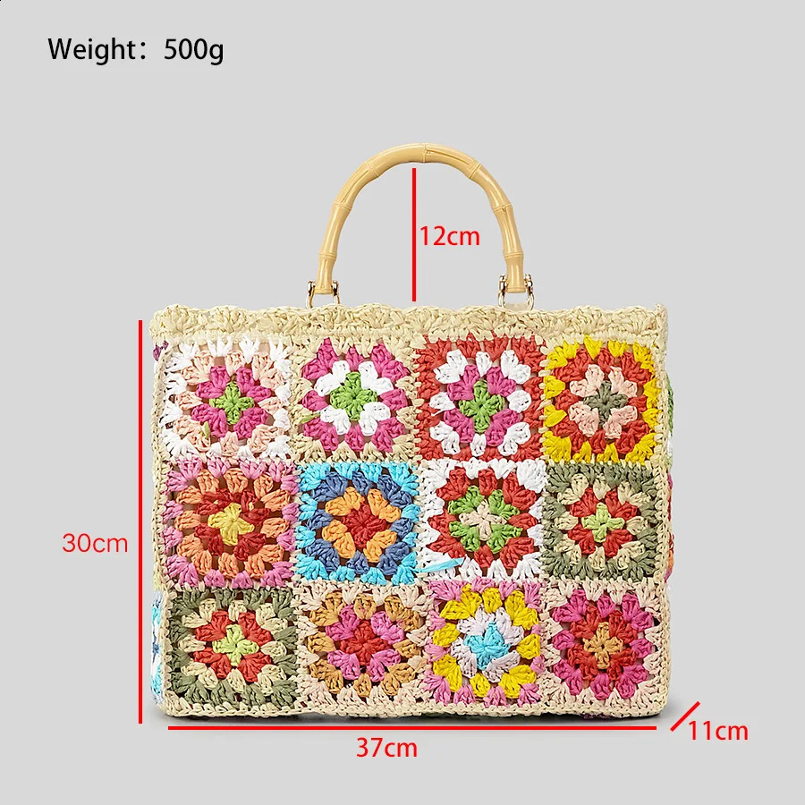 Bohemian Granny Square Straw Tote Bag Bamboo Handle Weave Women Handbags Casual Handmade Summer Beach Bags Large Capacity Purses 240821ZYl