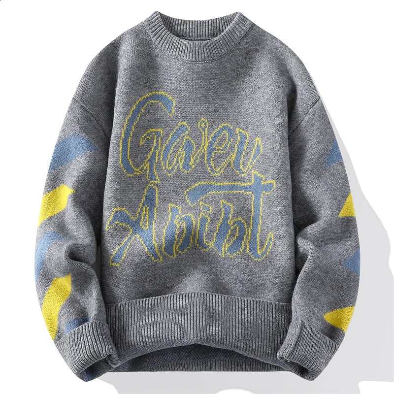 Sweater mens knitted letter printed sweater wool latte art retro color block top 240821