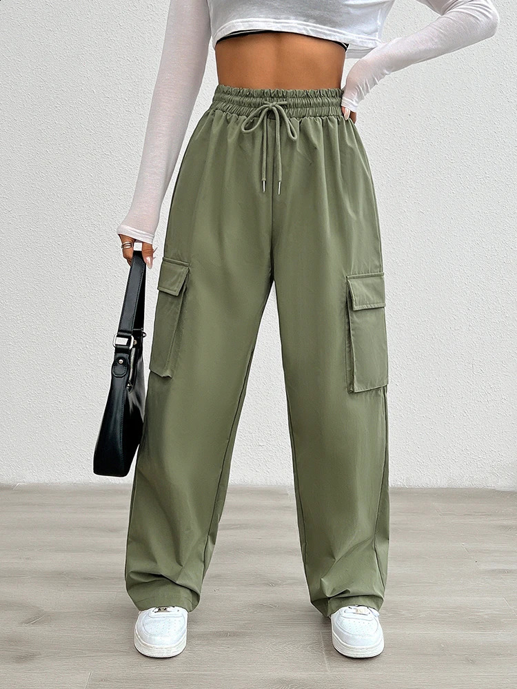 Women Overalls Elastic Drawstring Waist Pants Wide Leg Baggy Trousers Y2k Streetwear Oversize Sweatpants With Pocket 240821