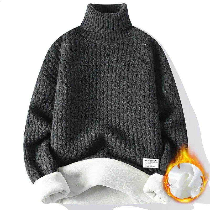 Winter Fleece Turtleneck Sweater Men Warm Knit Pullovers Mens Casual Knitted Sweaters Solid Color Turtleneck Knitwear Man 240821